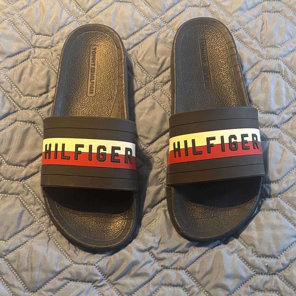 Tommy Hilfiger Black Slides with Red and Cream Stripes